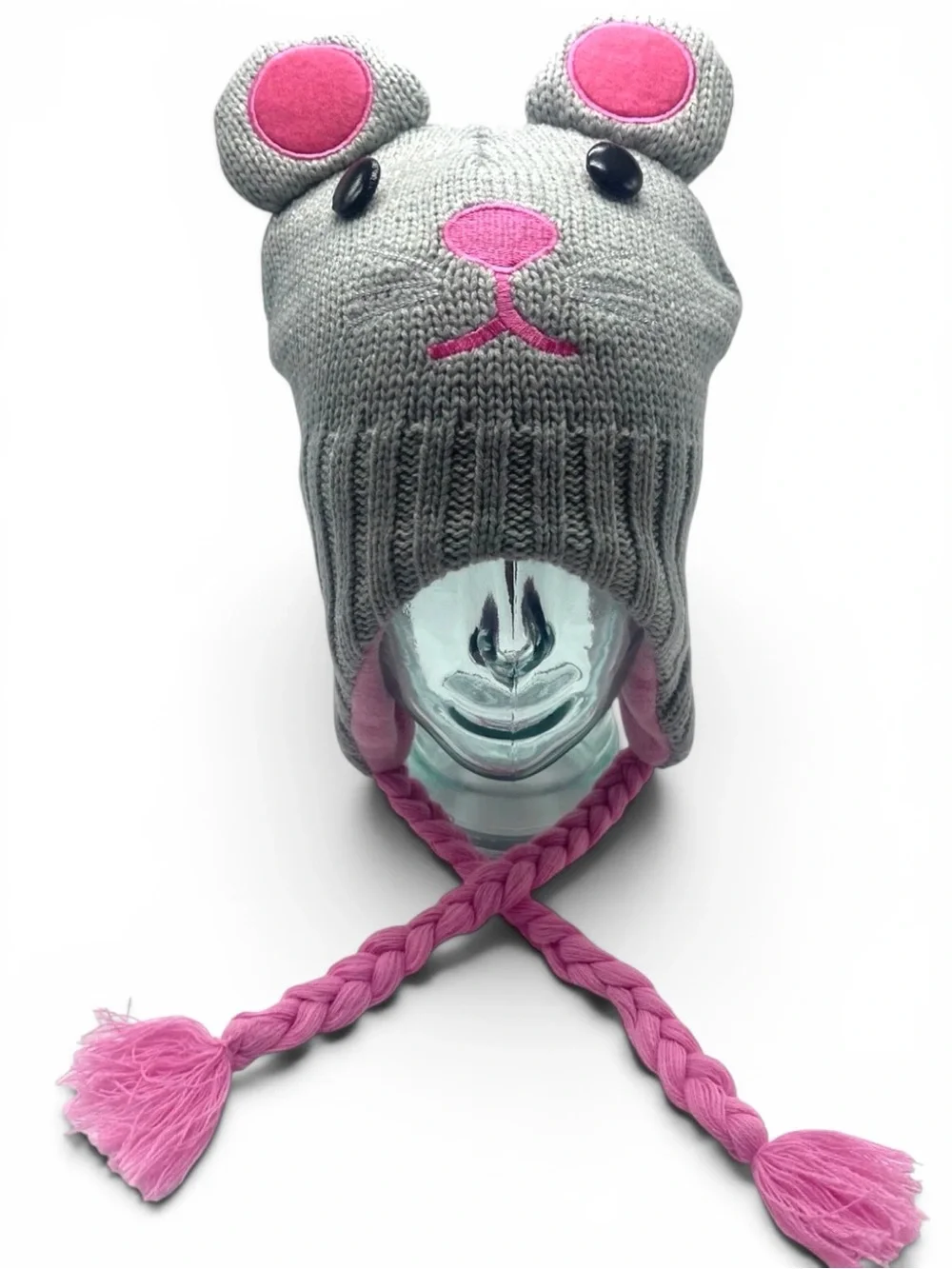 Mouse Cosplay Beanie Hat Gray Pink Fleece Lined Braided Earflap Kawaii Harajuku